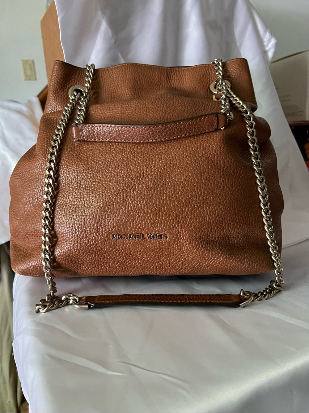 Michael Kors Cognac Pebbled Leather Crossbody Bag with Chain Straps - Picture 3 of 12